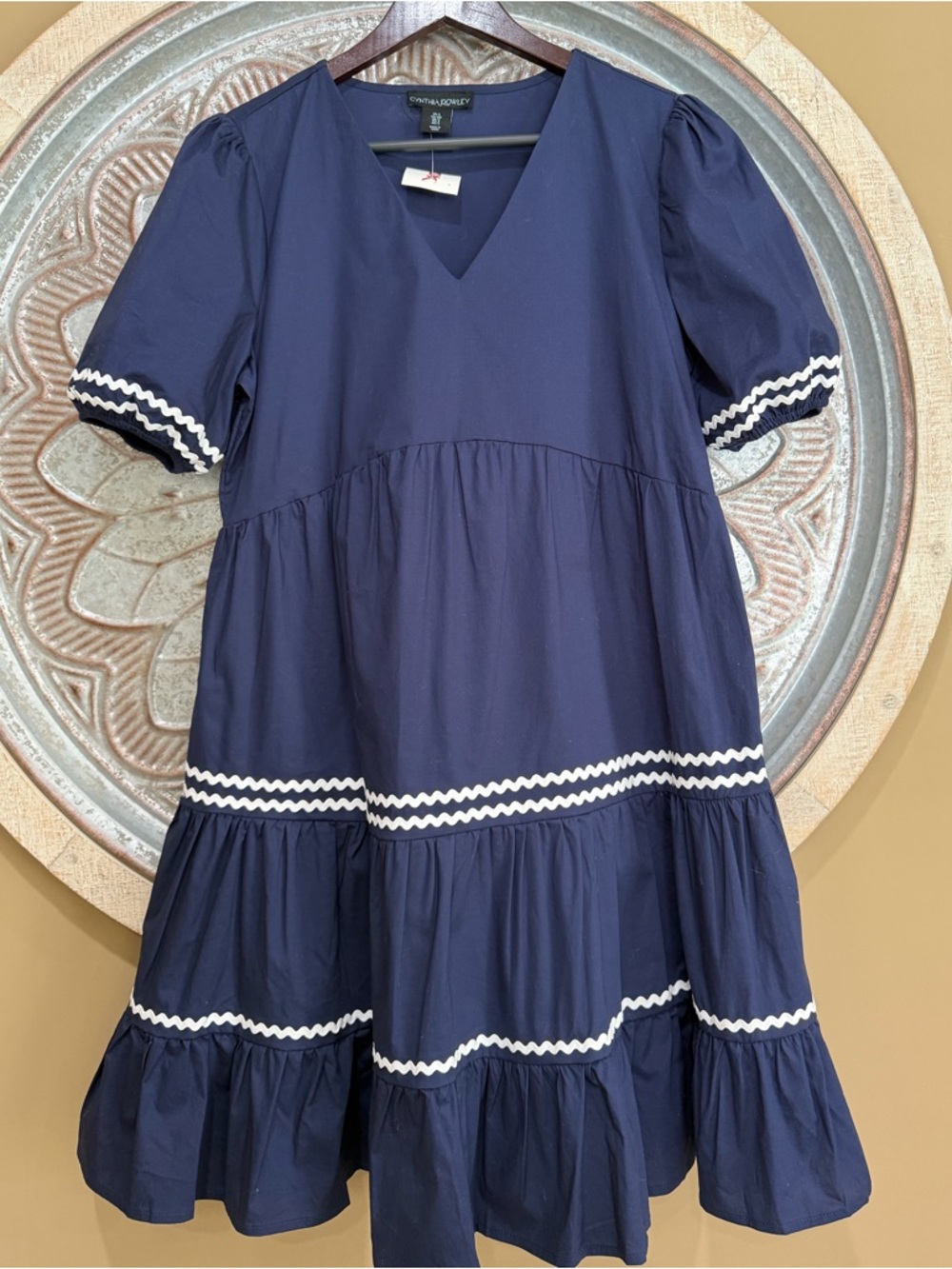 NWT Cynthia Rowley Navy Short Puff Sleeves Mini Dress with White Ric-Rac Trim